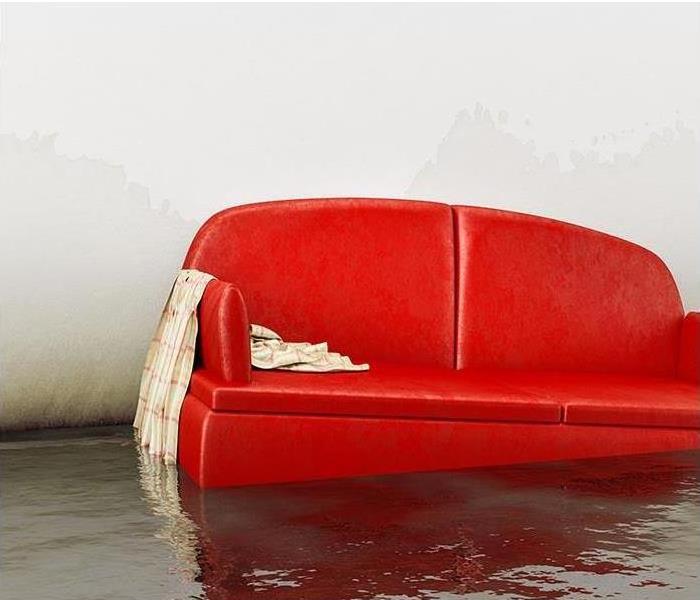 red sofa floating in living room